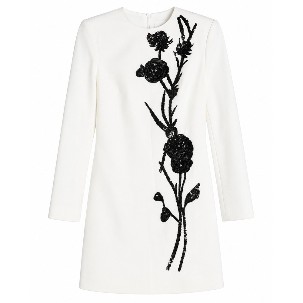 Miss Rosier NWT White Beaded Floral Sheath Dress Long Sleeve Size S Small